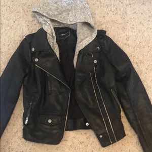 Black leather Moto jacket with gray hood